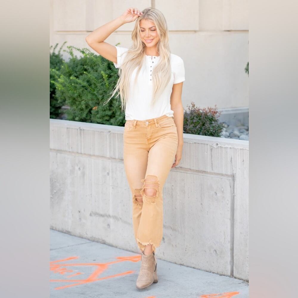 Vervet 90s Vintage High Rise Crop Flare Jean in Army Khaki Size 26 Distressed - Picture 2 of 13